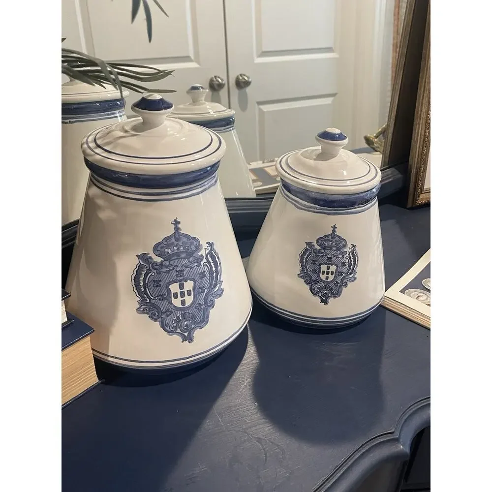 Blue White Ceramic Jar Canister w/Lid Faiancas Belo style Royal Crest Portuguese